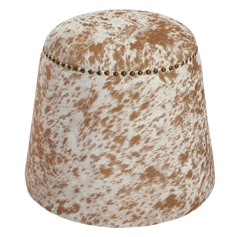 Cow Hide Pouf Ottoman with Nail Heads - 17 - Brown and White