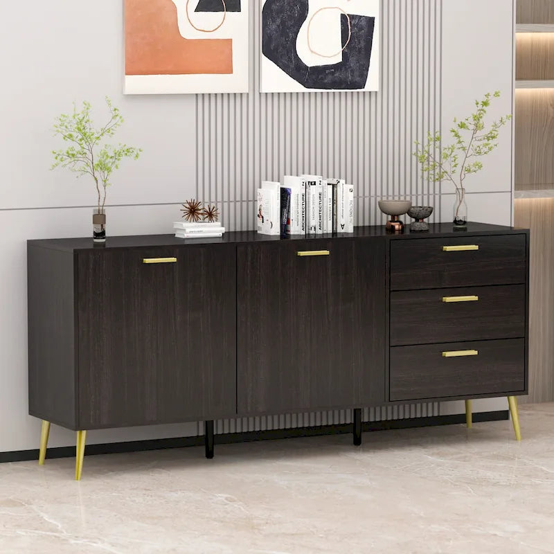 Buffet Sideboard Cabinet with 3 Drawers & 2 Doors, Espresso/White