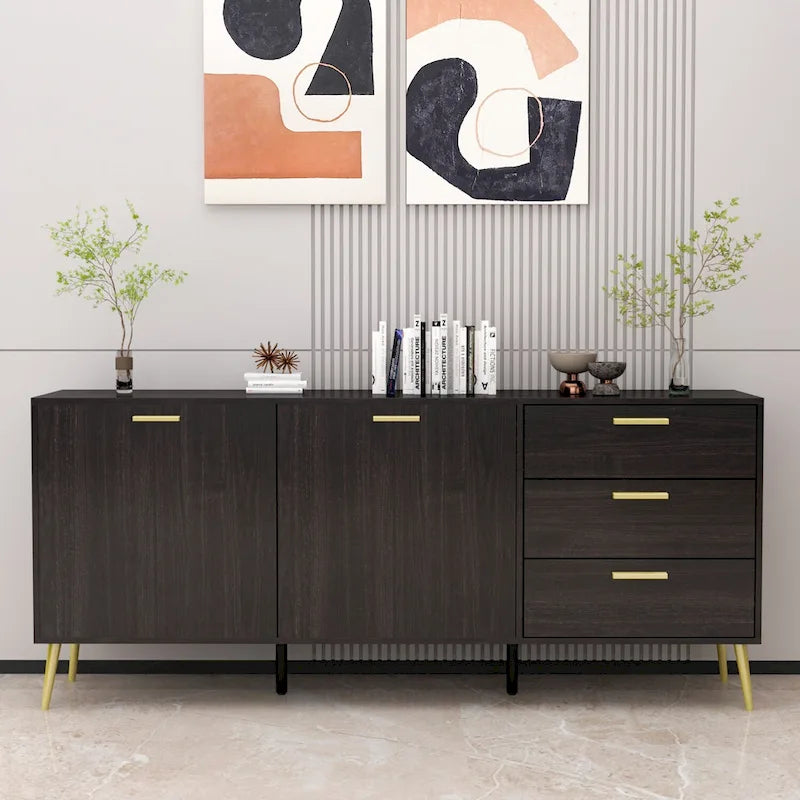 Buffet Sideboard Cabinet with 3 Drawers & 2 Doors, Espresso/White