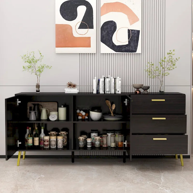 Buffet Sideboard Cabinet with 3 Drawers & 2 Doors, Espresso/White