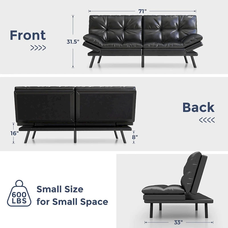 Futon Sofa Bed, Memory Foam Foldable Couch Convertible Loveseat Sleeper Daybed with Adjustable Armrests for Small Space