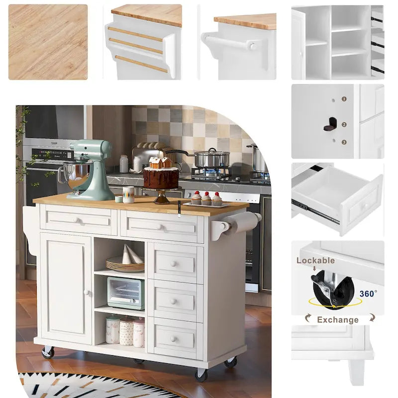 52.8 in. Rolling Kitchen Island with Storage and 5 Drawers