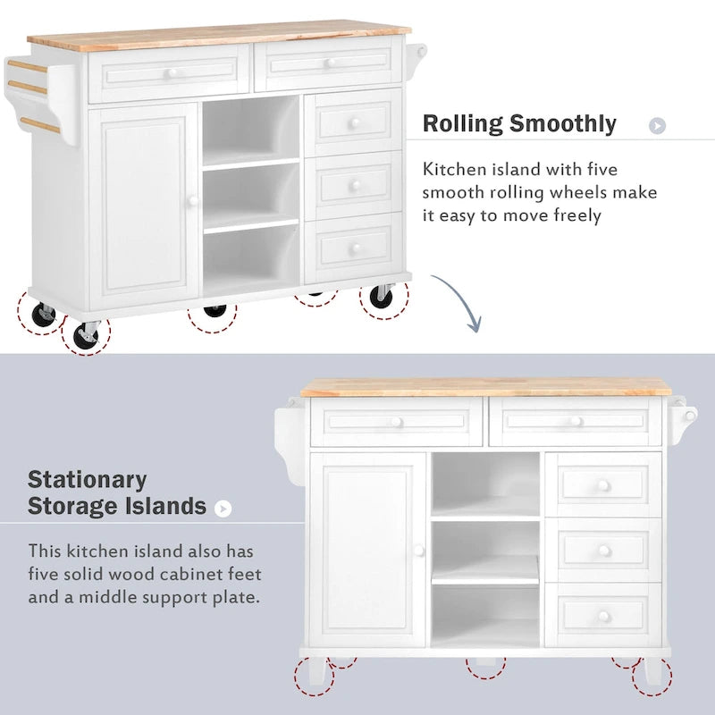 52.8 in. Rolling Kitchen Island with Storage and 5 Drawers