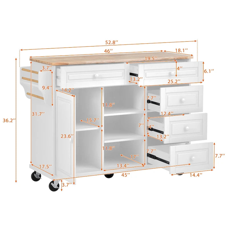 52.8 in. Rolling Kitchen Island with Storage and 5 Drawers