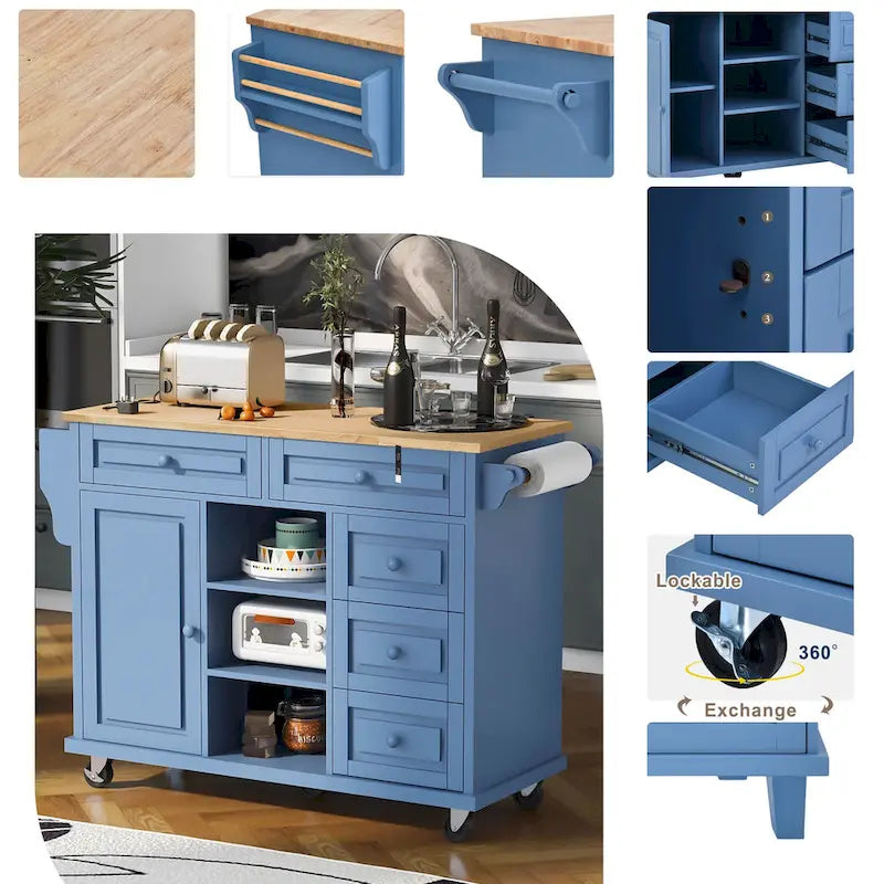 52.8 in. Rolling Kitchen Island with Storage and 5 Drawers