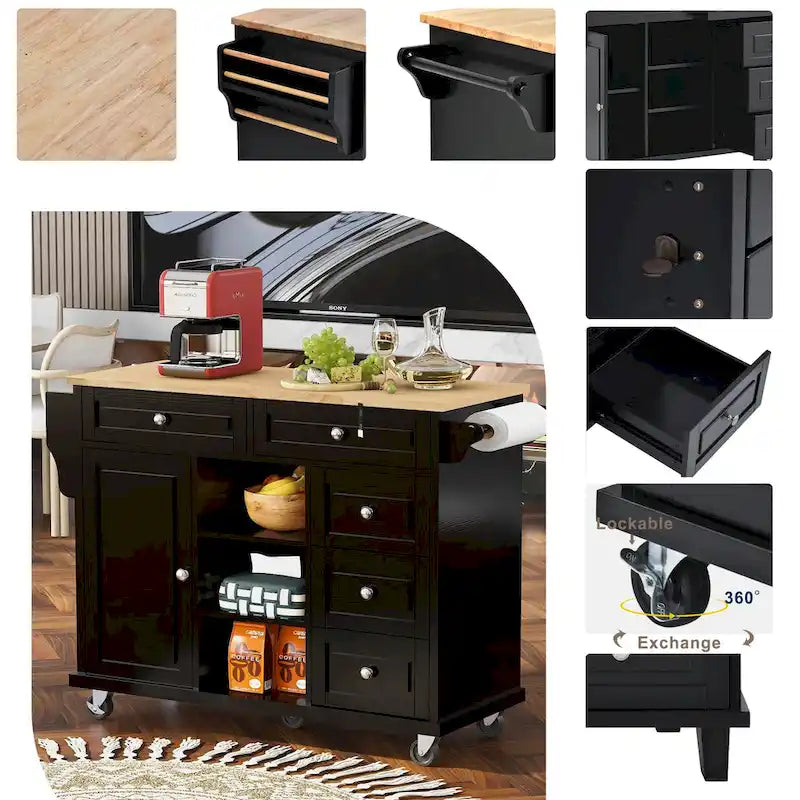 52.8 in. Rolling Kitchen Island with Storage and 5 Drawers