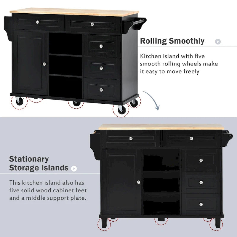 52.8 in. Rolling Kitchen Island with Storage and 5 Drawers