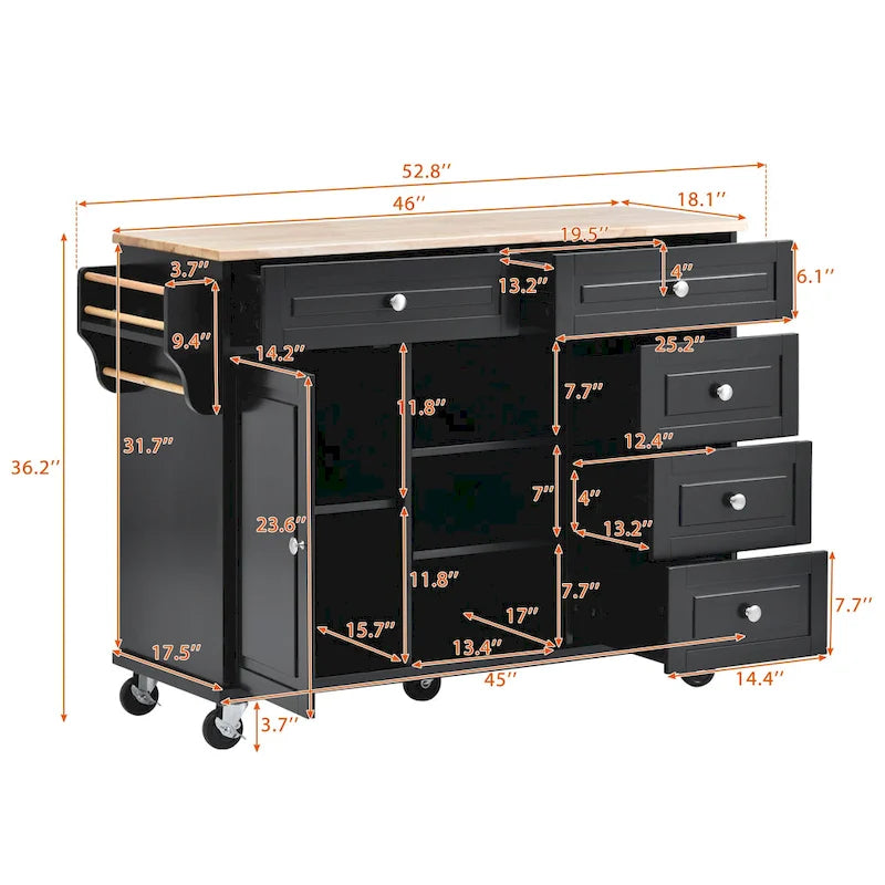 52.8 in. Rolling Kitchen Island with Storage and 5 Drawers