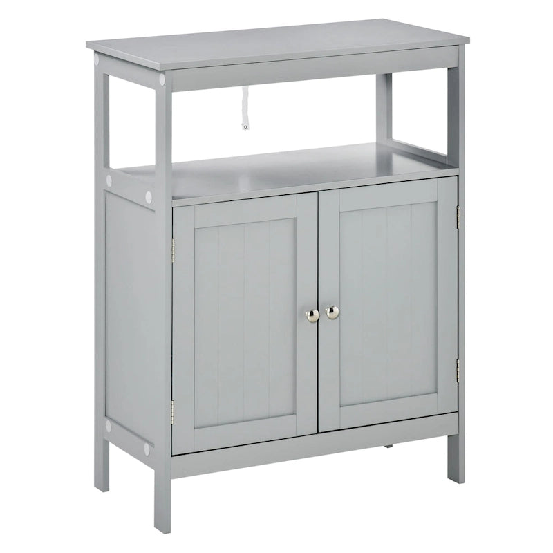 Freestanding Modern Bathroom Storage Cabinet with Doors and Open Shelf – Grey