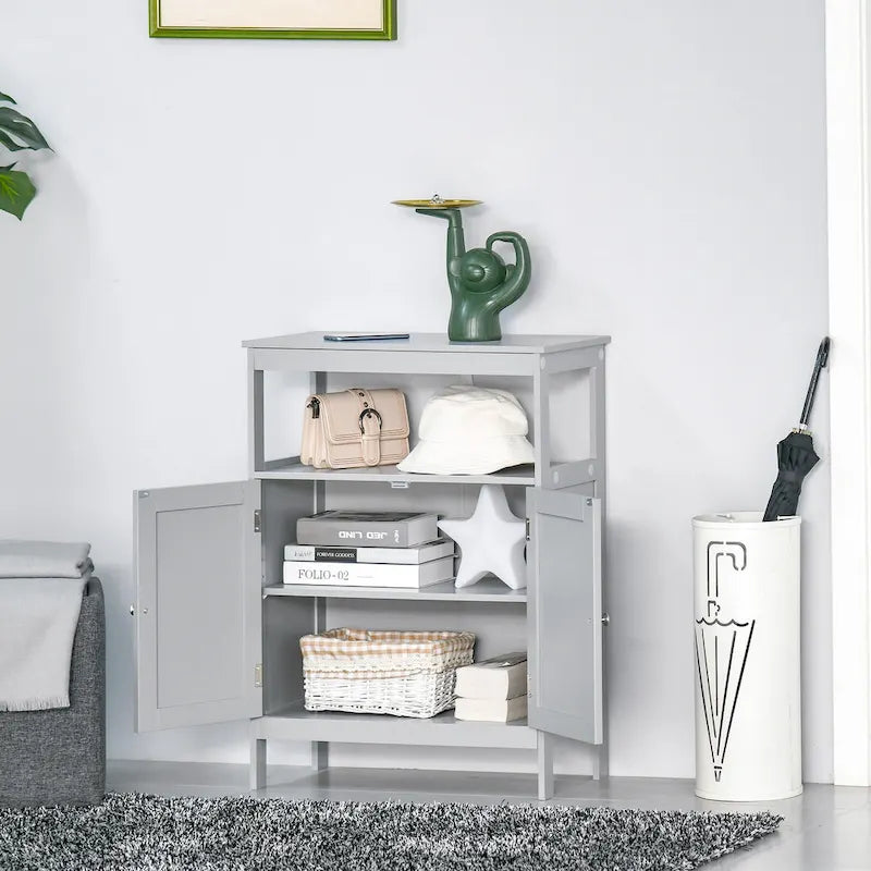 Freestanding Modern Bathroom Storage Cabinet with Doors and Open Shelf – Grey