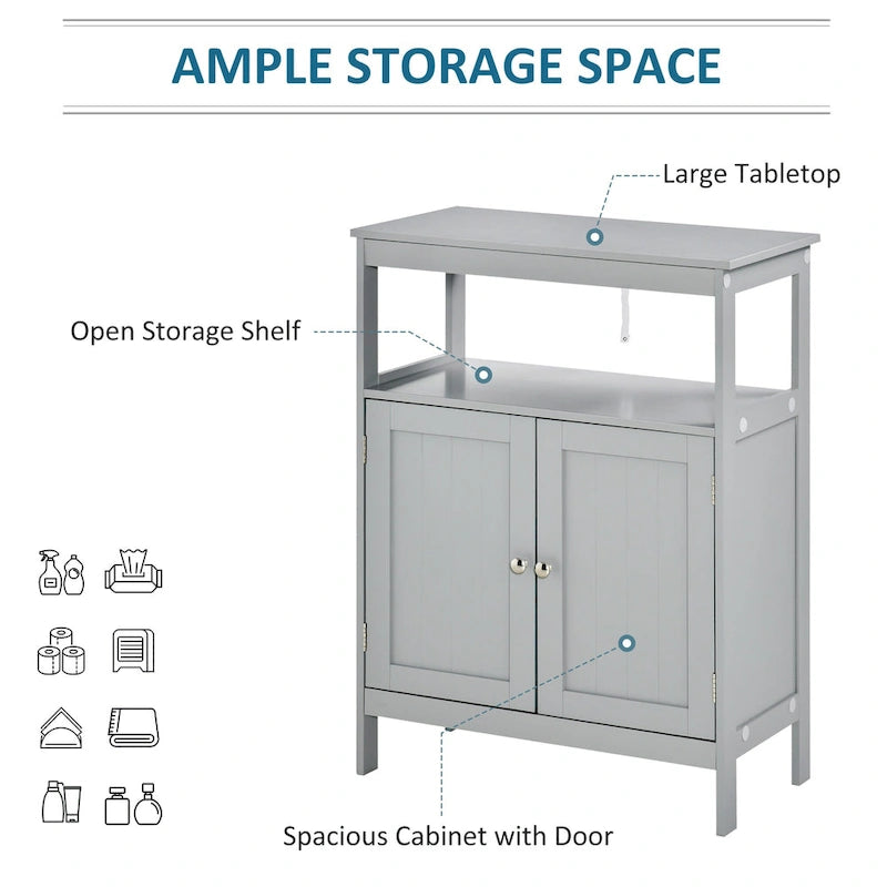 Freestanding Modern Bathroom Storage Cabinet with Doors and Open Shelf – Grey