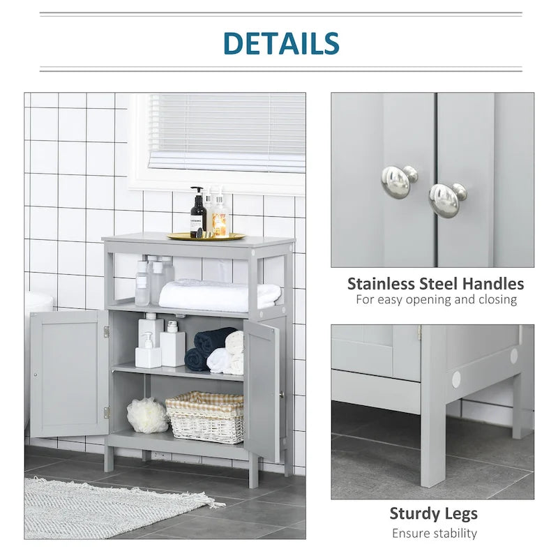 Freestanding Modern Bathroom Storage Cabinet with Doors and Open Shelf – Grey