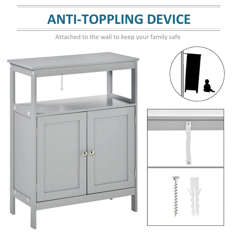 Freestanding Modern Bathroom Storage Cabinet with Doors and Open Shelf – Grey