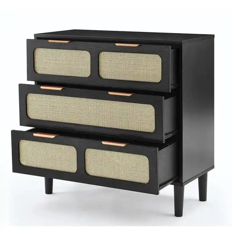 Grondin Mid-Century Modern Boho Style 3 Rattan Drawers Chest with MDF Frame and Solid Wood Legs, Chest of Drawers