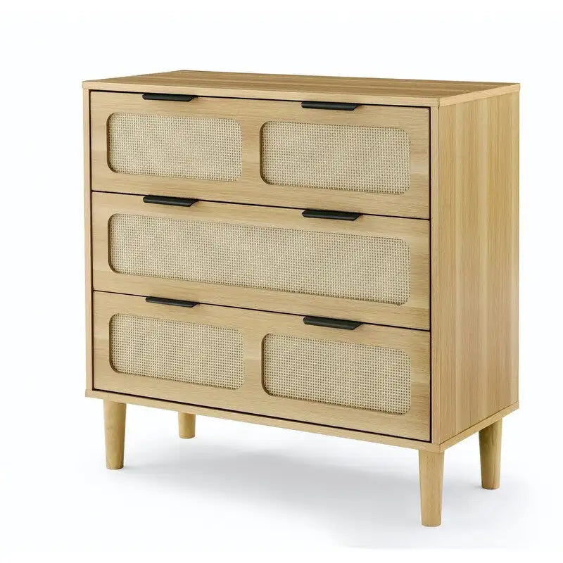 Grondin Mid-Century Modern Boho Style 3 Rattan Drawers Chest with MDF Frame and Solid Wood Legs, Chest of Drawers