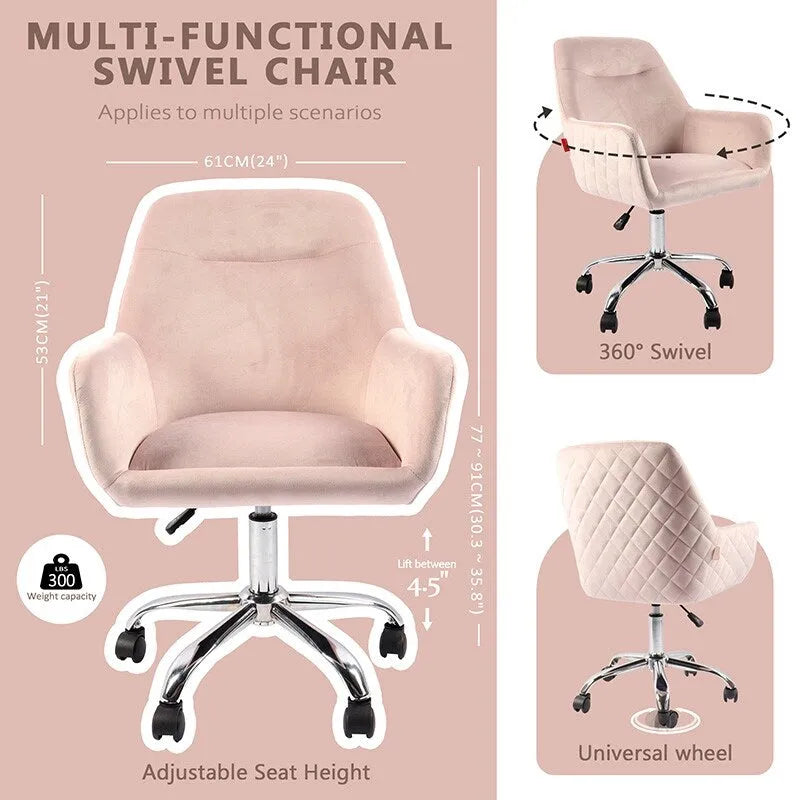 Swivel Vanity Chair with Wheels, Height Adjustable - Pink/Grey/White