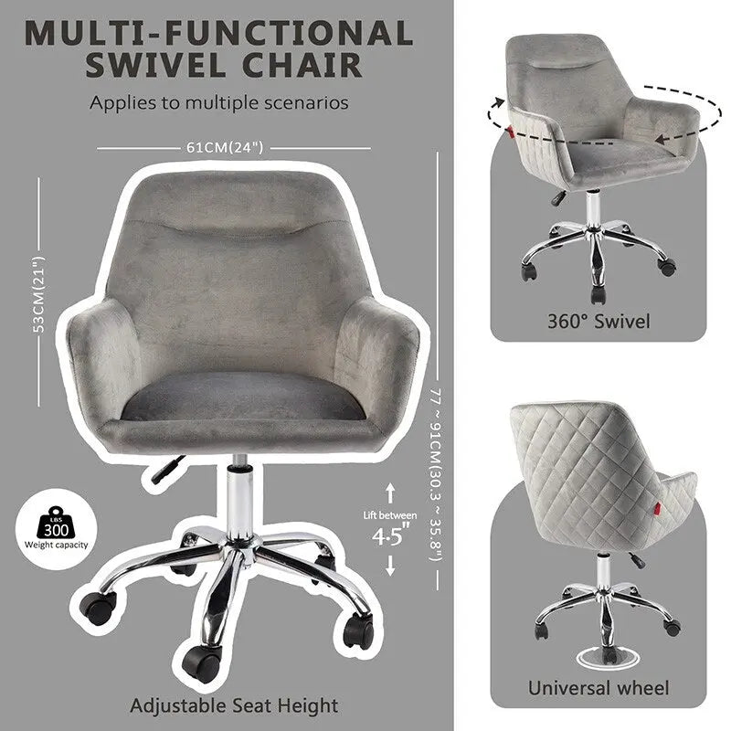 Swivel Vanity Chair with Wheels, Height Adjustable - Pink/Grey/White