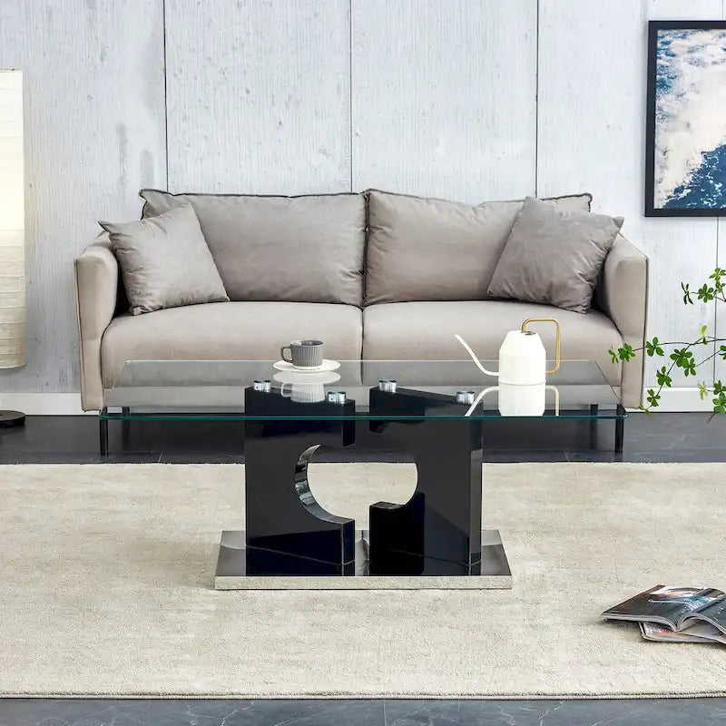 A rectangular modern and fashionable coffee table with tempered glass tabletop and white MDF legs