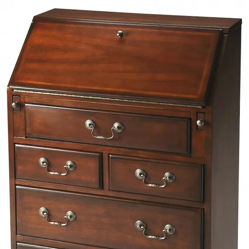 26 Brown Rubberwood Wood Secretary Desk With Five Drawers