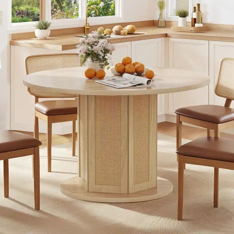 Moasis Farmhouse Round Pedestal Dining Table for 4 with Rattan Circular Base