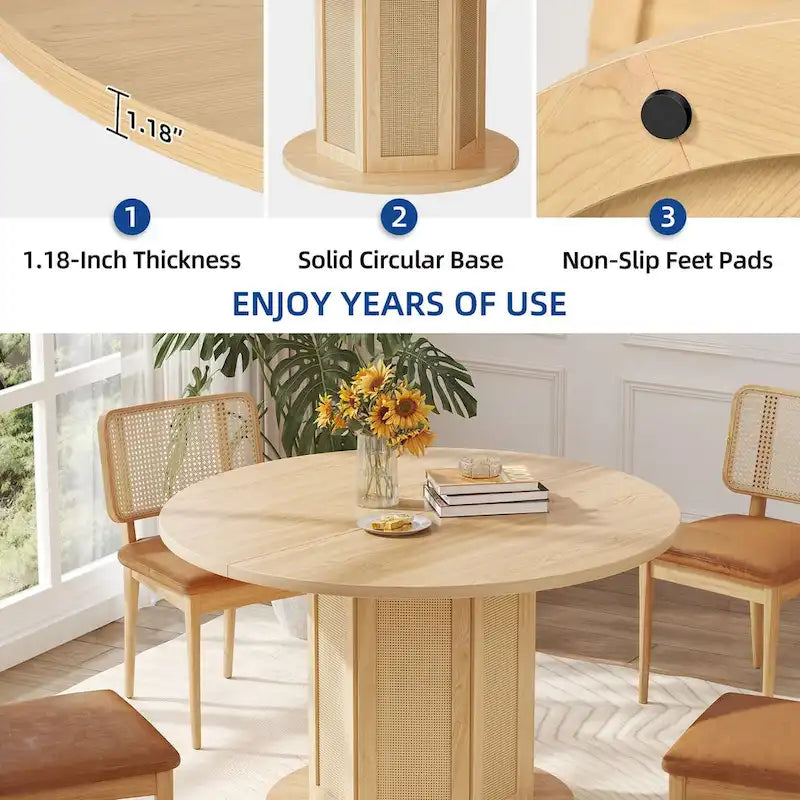 Moasis Farmhouse Round Pedestal Dining Table for 4 with Rattan Circular Base