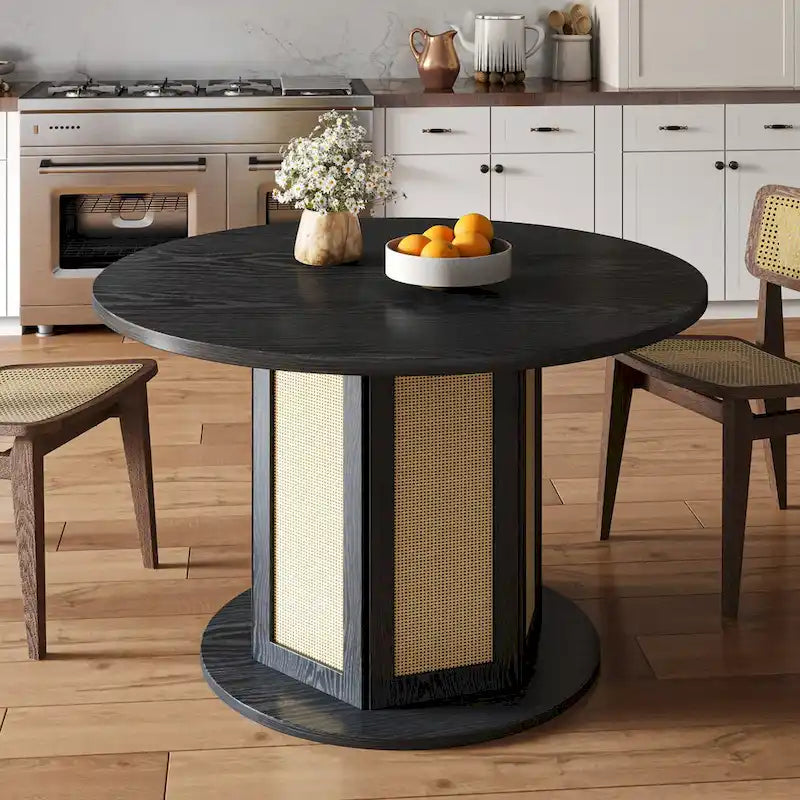 Moasis Farmhouse Round Pedestal Dining Table for 4 with Rattan Circular Base