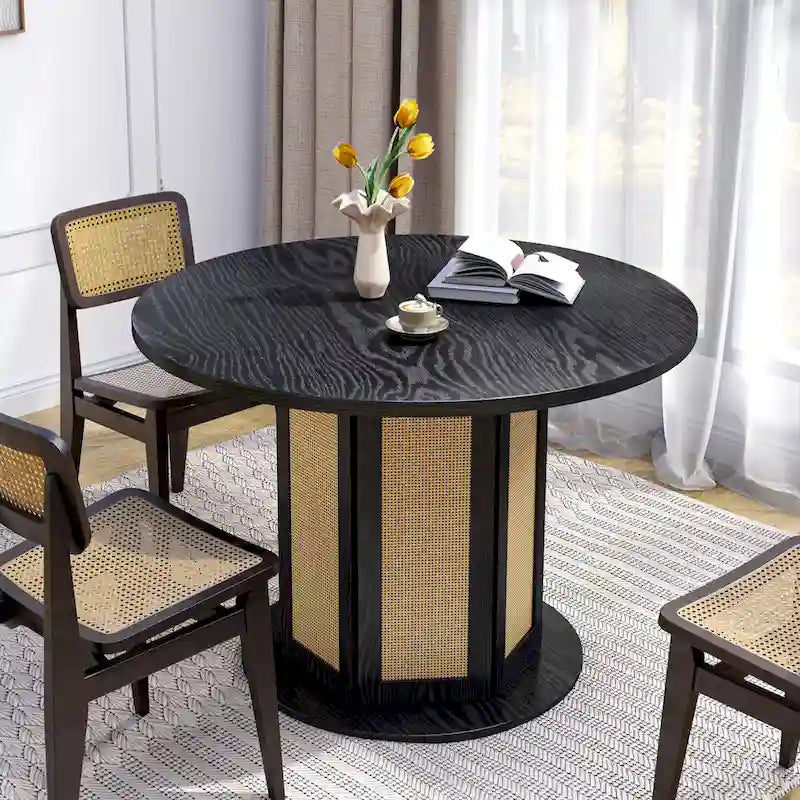 Moasis Farmhouse Round Pedestal Dining Table for 4 with Rattan Circular Base