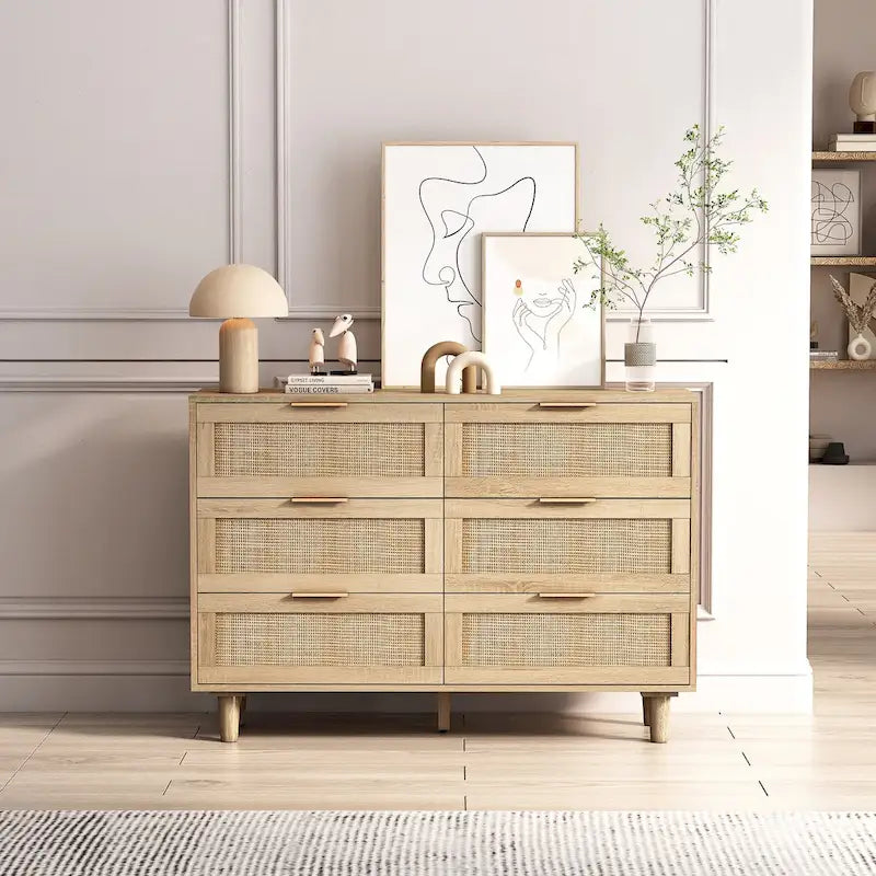 43-Inch 6-Drawer Rattan Storage Cabinet – Natural