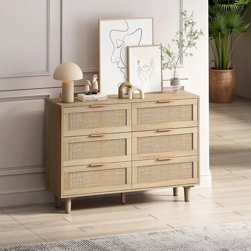 43-Inch 6-Drawer Rattan Storage Cabinet – Natural