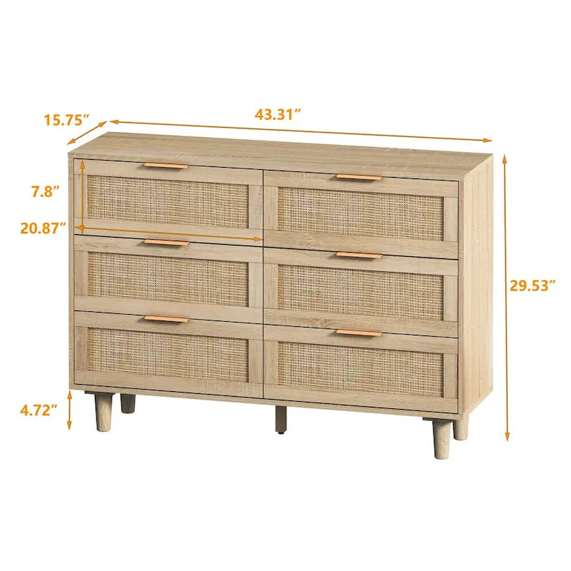 43-Inch 6-Drawer Rattan Storage Cabinet – Natural